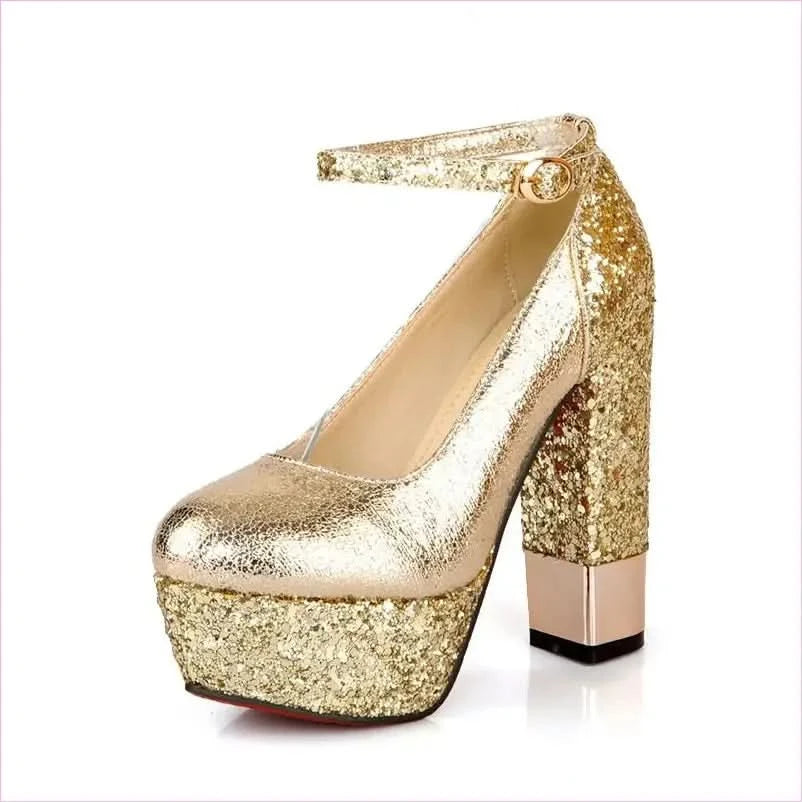 Gold Glitter Round Toe Platform Shoes with Ankle Buckle - Pleasures and Sins