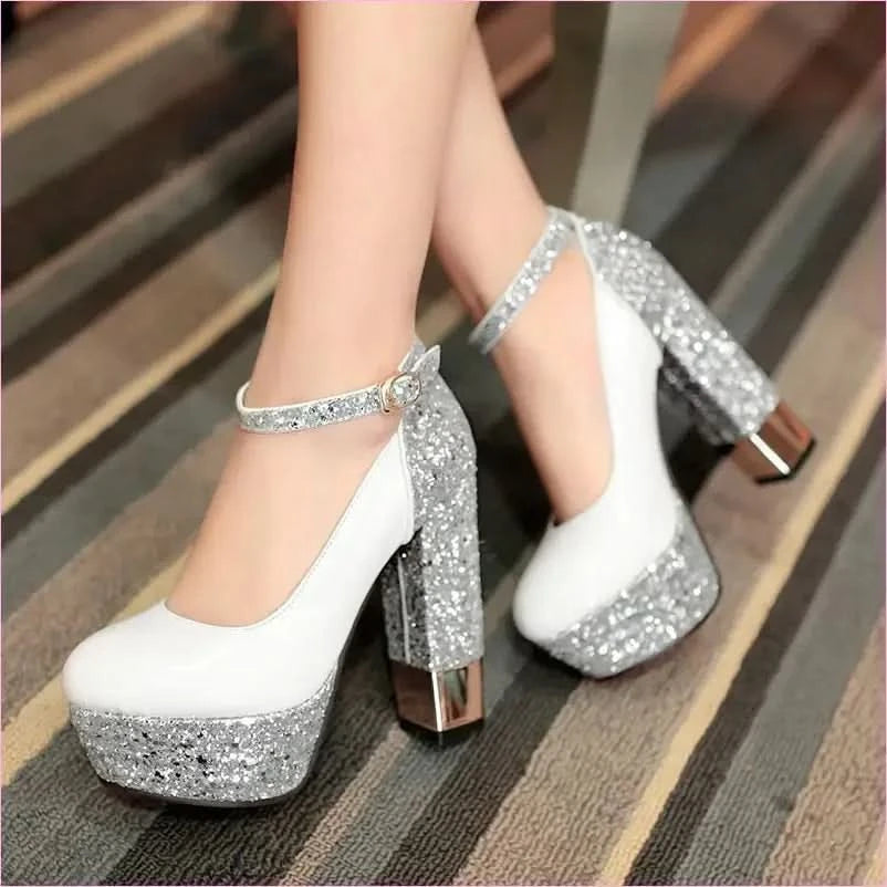 Gold Glitter Round Toe Platform Shoes with Ankle Buckle - Pleasures and Sins