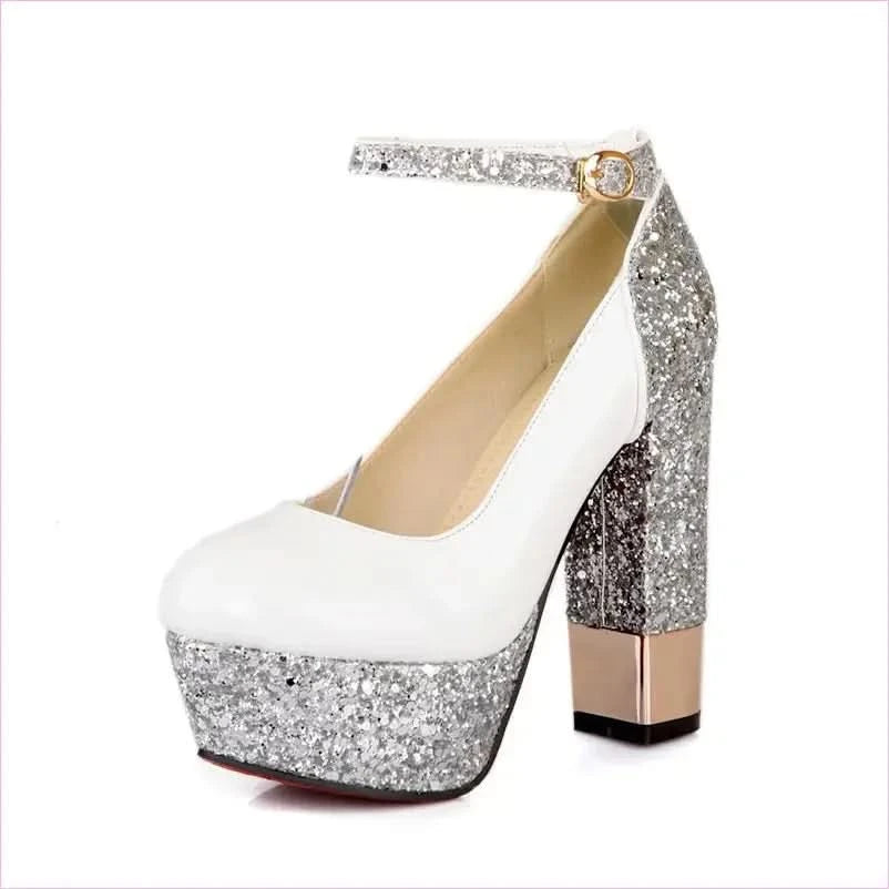Gold Glitter Round Toe Platform Shoes with Ankle Buckle - Pleasures and Sins