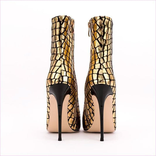 Gold Metallic Stiletto Square Patterned Ankle Boots for Bold Style - Pleasures and Sins