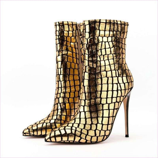 Gold Metallic Stiletto Square Patterned Ankle Boots for Bold Style - Pleasures and Sins