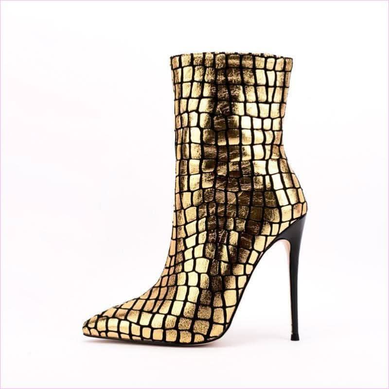 Gold Metallic Stiletto Square Patterned Ankle Boots for Bold Style - Pleasures and Sins