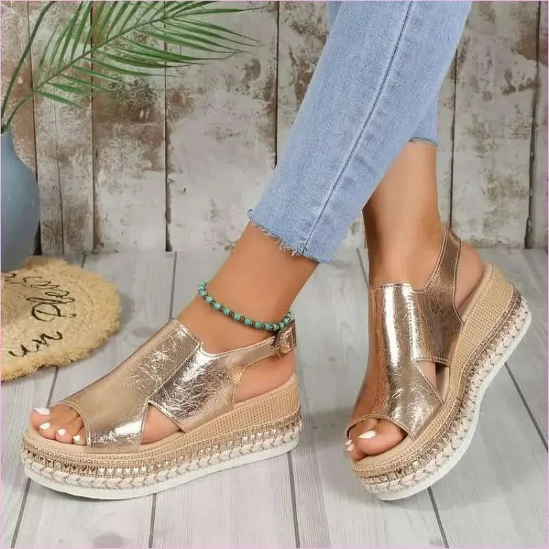 Gold Metallic Wedge Heel Summer Sandals with Slingback Strap - Pleasures and Sins