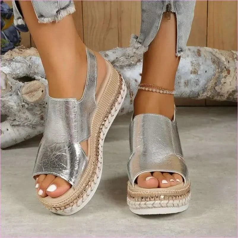 Gold Metallic Wedge Heel Summer Sandals with Slingback Strap - Pleasures and Sins