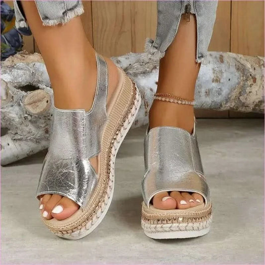 Gold Metallic Wedge Heel Summer Sandals with Slingback Strap - Pleasures and Sins