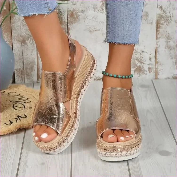 Gold Metallic Wedge Heel Summer Sandals with Slingback Strap - Pleasures and Sins