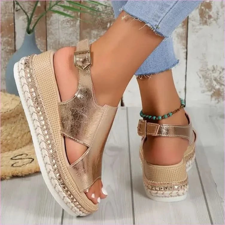 Gold Metallic Wedge Heel Summer Sandals with Slingback Strap - Pleasures and Sins