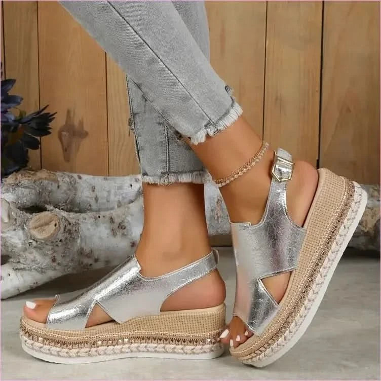 Gold Metallic Wedge Heel Summer Sandals with Slingback Strap - Pleasures and Sins