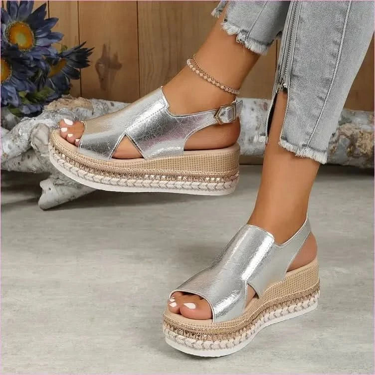Gold Metallic Wedge Heel Summer Sandals with Slingback Strap - Pleasures and Sins