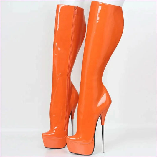 Gorgeous Orange Knee-high Stiletto Heel Boots with Metal Heels - Pleasures and Sins