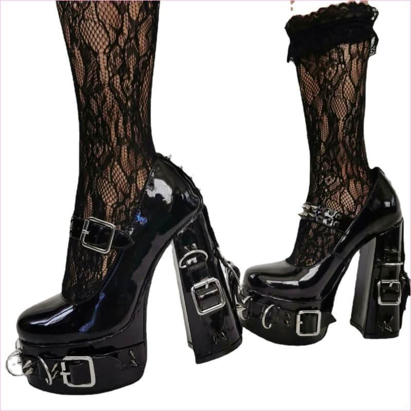 Gothic Platform Shoes with Patent Studded Buckle and Thick High Heel - Pleasures and Sins