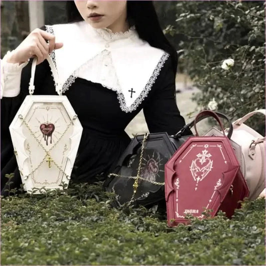 Gothic Style Coffin Bag with Occult Design and Chain Detail - Pleasures and Sins