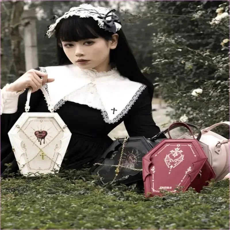 Gothic Style Coffin Bag with Occult Design and Chain Detail - Pleasures and Sins