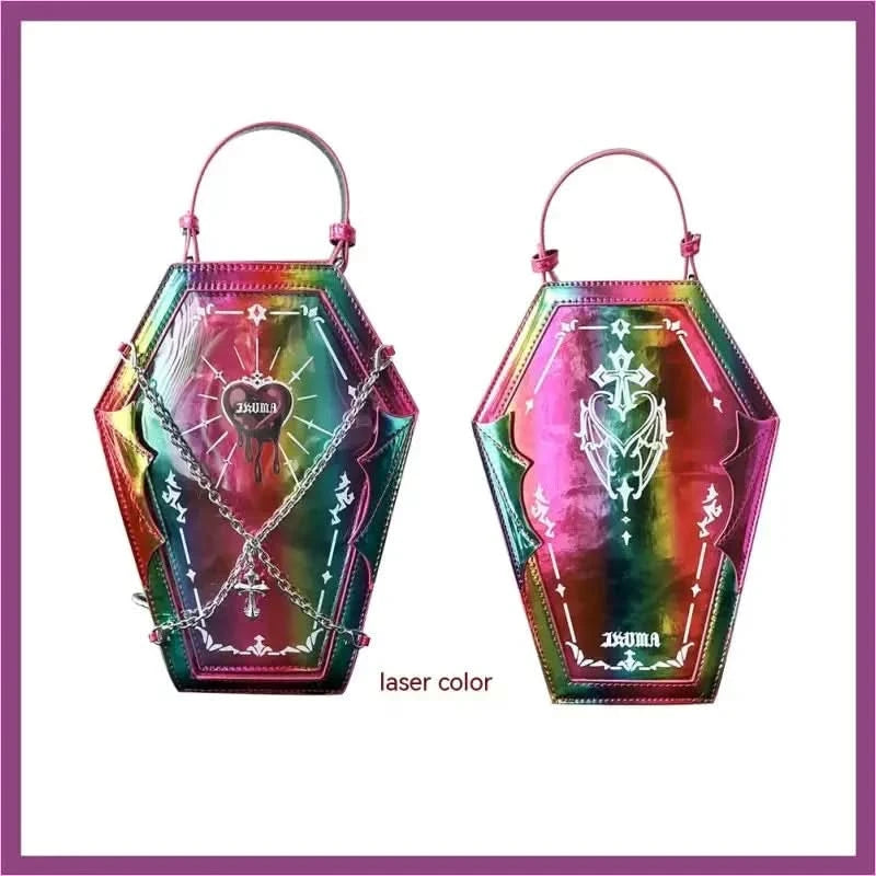 Gothic Style Coffin Bag with Occult Design and Chain Detail - Pleasures and Sins