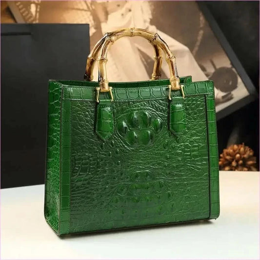 Green Crocodile Pattern Ladies Handbag with Genuine Leather Bamboo Handle - Pleasures and Sins