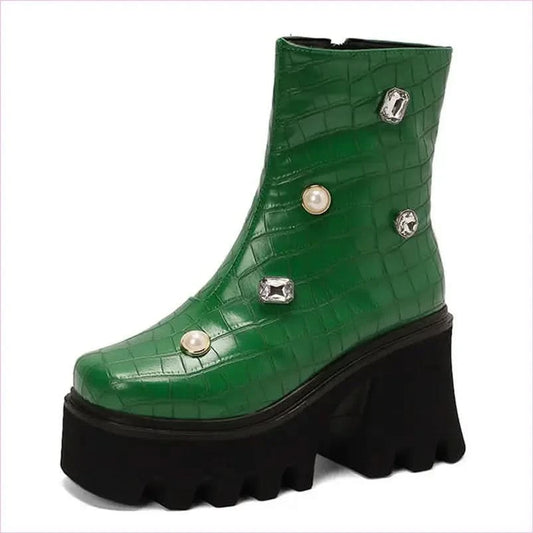 Green Leather Jeweled Square Toe British Style Boots - Pleasures and Sins