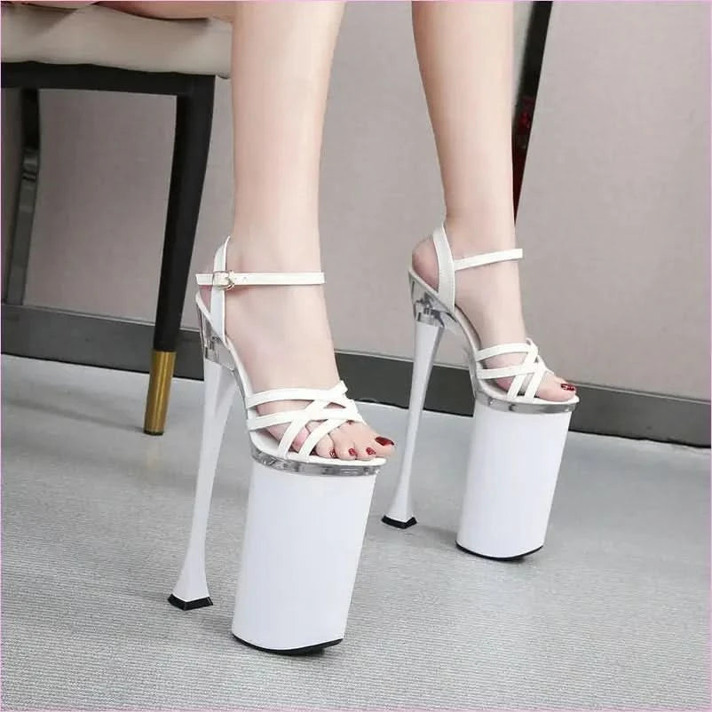 High Heel Buckle Sandals Platform with 26cm Heels and White Straps - Pleasures and Sins