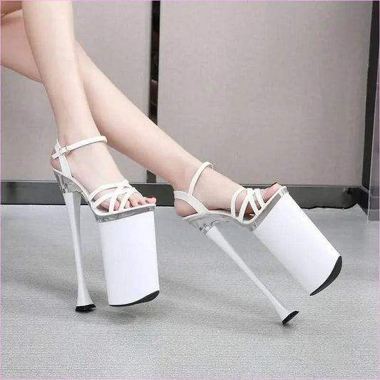 High Heel Buckle Sandals Platform with 26cm Heels and White Straps - Pleasures and Sins