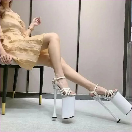 High Heel Buckle Sandals Platform with 26cm Heels and White Straps - Pleasures and Sins