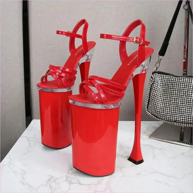 High Heel Buckle Sandals Platform with 26cm Heels and White Straps - Pleasures and Sins