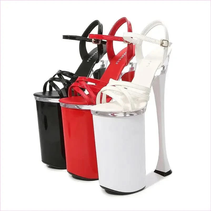 High Heel Buckle Sandals Platform with 26cm Heels and White Straps - Pleasures and Sins
