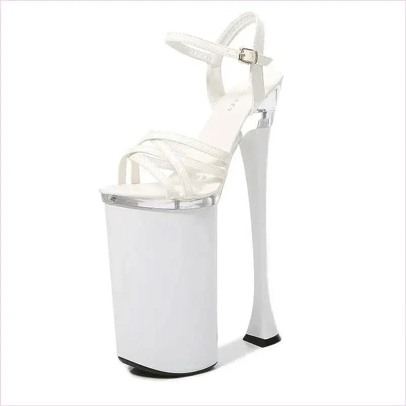 High Heel Buckle Sandals Platform with 26cm Heels and White Straps - Pleasures and Sins