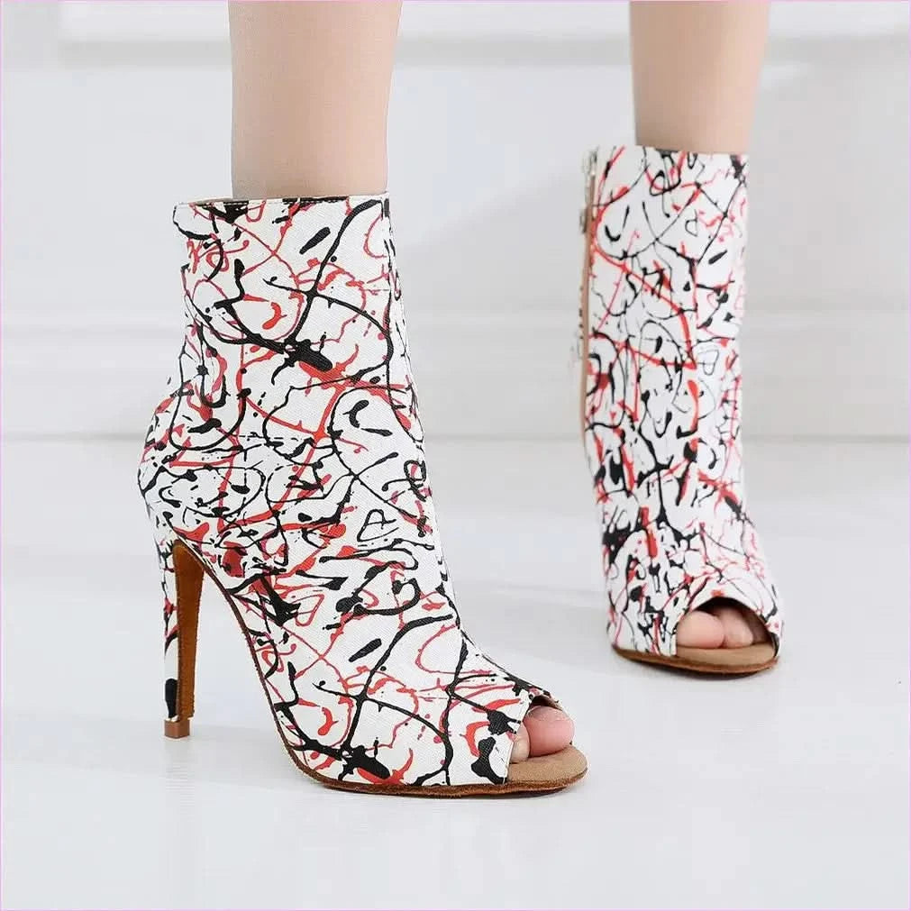 High Heel Graffiti Print Peep-toe Ankle Boots in Abstract Design - Pleasures and Sins