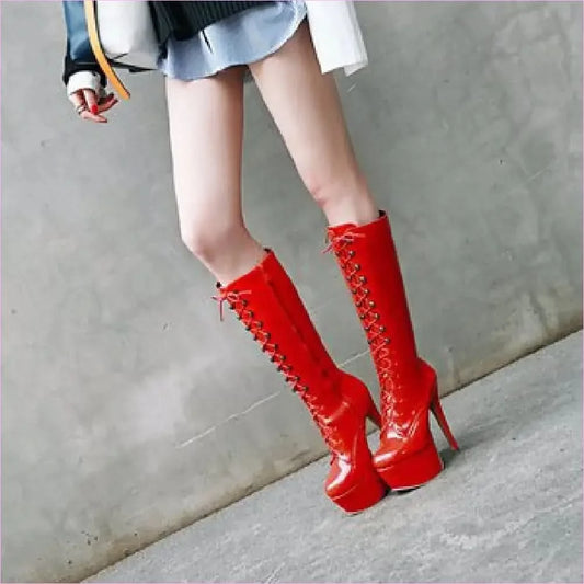 High Heel Lace Up Knee High Patent Drag Boots - Pleasures and Sins
