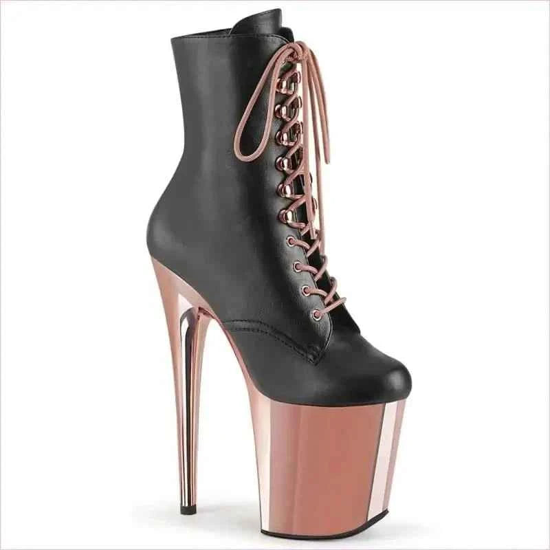 High Heel Leather Lace Up Boots for Drag Queens in Black and Rose Gold - Pleasures and Sins