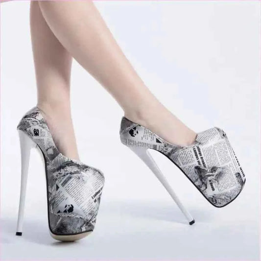 High Heel Newspaper Print Design Shoes for Drag Queens - Pleasures and Sins