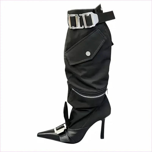 High Heel Pointed Toe Knee Boots with Buckles and Zip Pouch - Pleasures and Sins