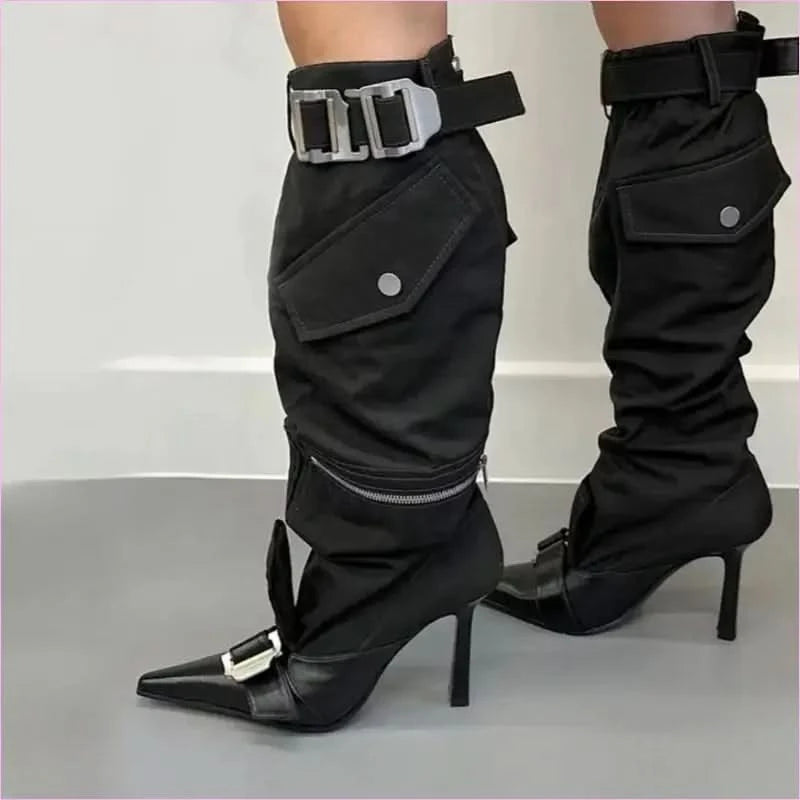 High Heel Pointed Toe Knee Boots with Buckles and Zip Pouch - Pleasures and Sins