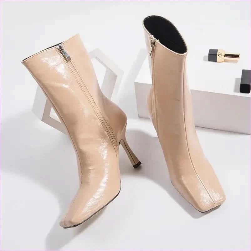 High Heel Square Toe Ankle Boots with Side Zippers - Pleasures and Sins