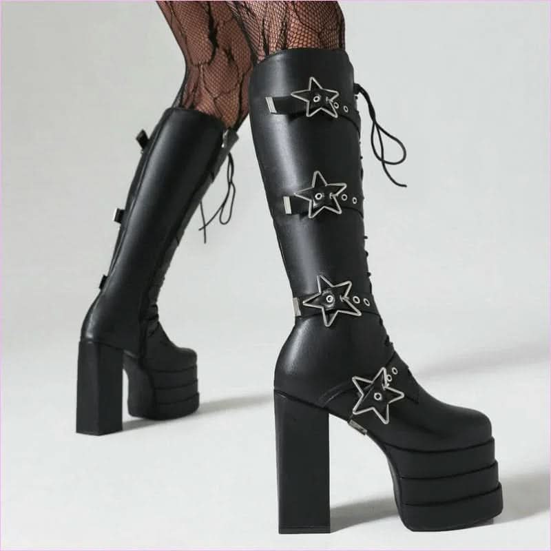 High Heel Star Design Locking Buckle Lace-up Knee Boots - Pleasures and Sins