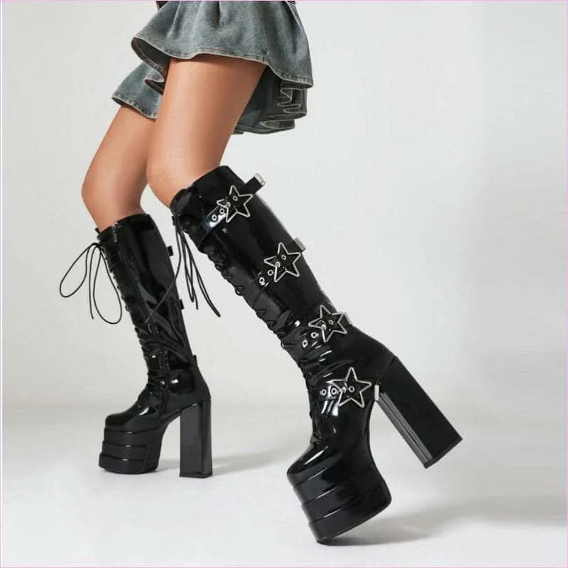 High Heel Star Design Locking Buckle Lace-up Knee Boots - Pleasures and Sins