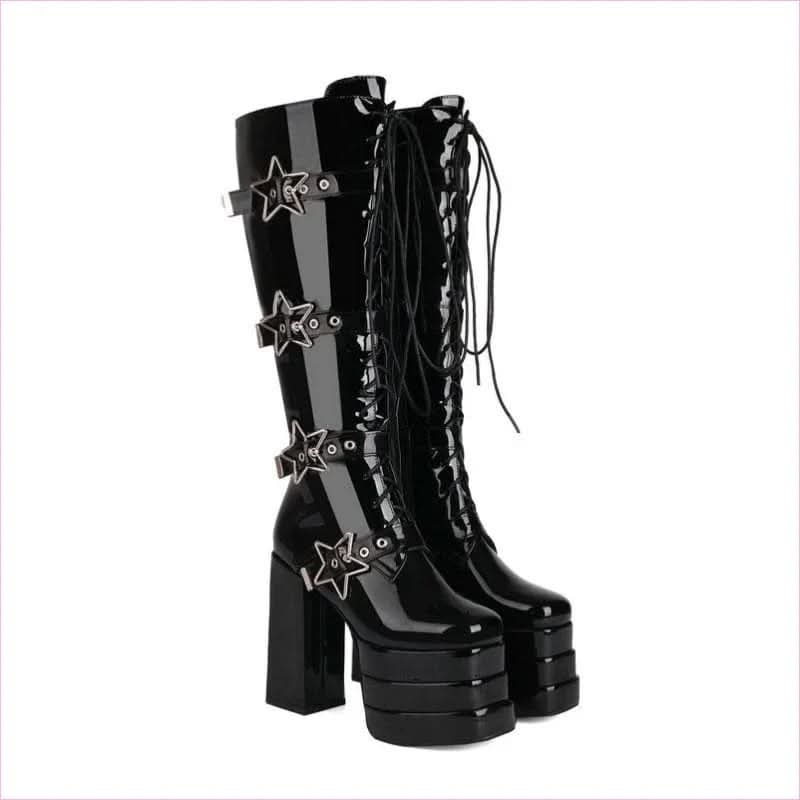 High Heel Star Design Locking Buckle Lace-up Knee Boots - Pleasures and Sins