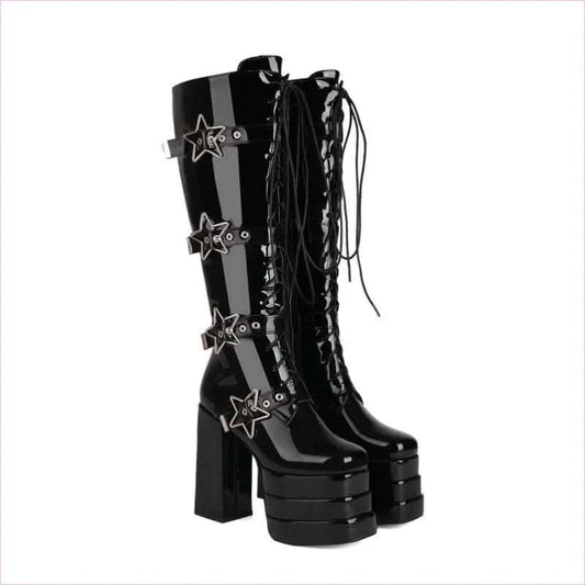 High Heel Star Design Locking Buckle Lace-up Knee Boots - Pleasures and Sins