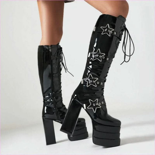 High Heel Star Design Locking Buckle Lace-up Knee Boots - Pleasures and Sins