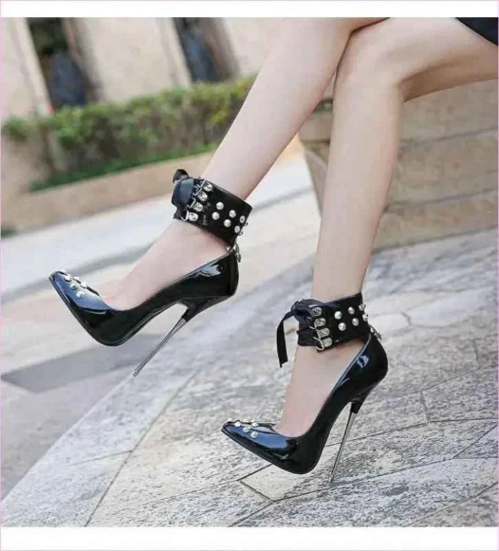 High Heel Studded Shoes with Ankle Cuffed Ribon Design - Pleasures and Sins