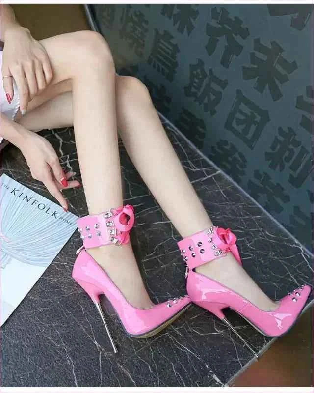 High Heel Studded Shoes with Ankle Cuffed Ribon Design - Pleasures and Sins