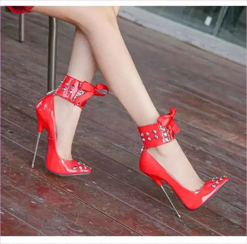 High Heel Studded Shoes with Ankle Cuffed Ribon Design - Pleasures and Sins