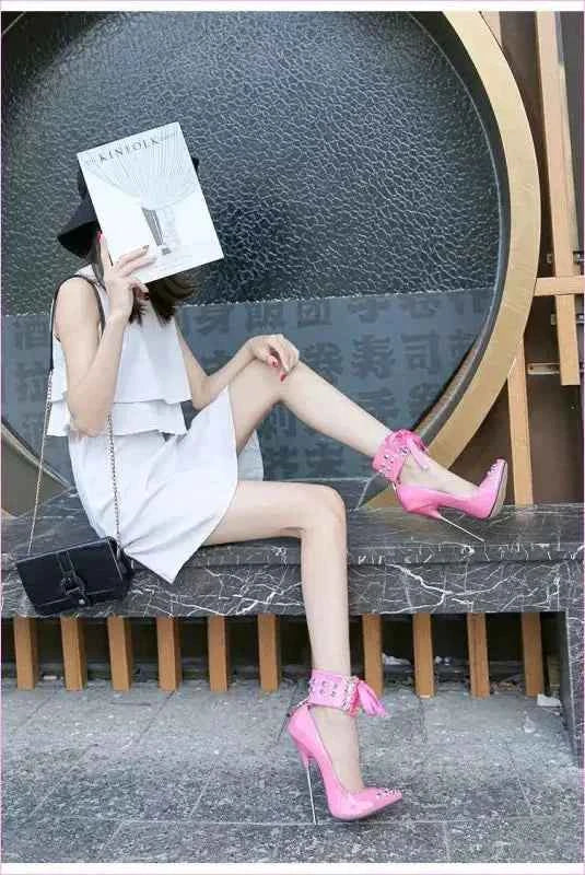 High Heel Studded Shoes with Ankle Cuffed Ribon Design - Pleasures and Sins