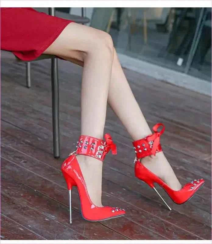 High Heel Studded Shoes with Ankle Cuffed Ribon Design - Pleasures and Sins