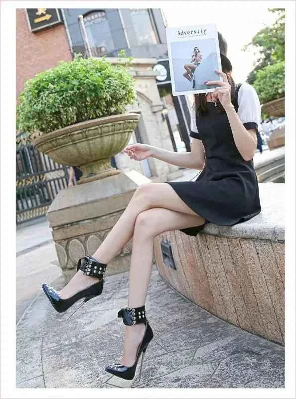 High Heel Studded Shoes with Ankle Cuffed Ribon Design - Pleasures and Sins