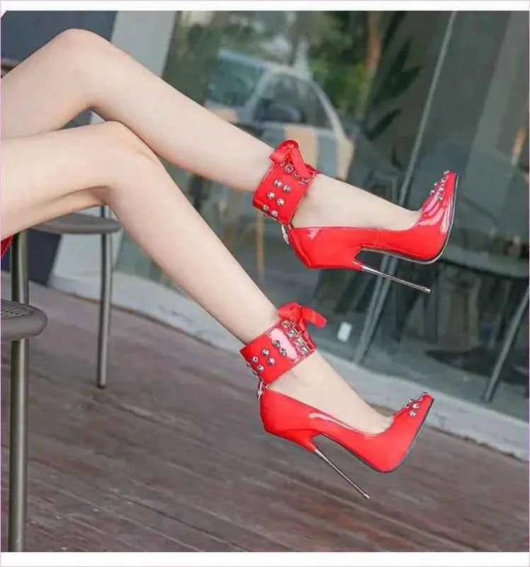 High Heel Studded Shoes with Ankle Cuffed Ribon Design - Pleasures and Sins