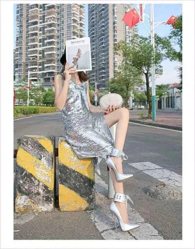 High Heel Studded Shoes with Ankle Cuffed Ribon Design - Pleasures and Sins