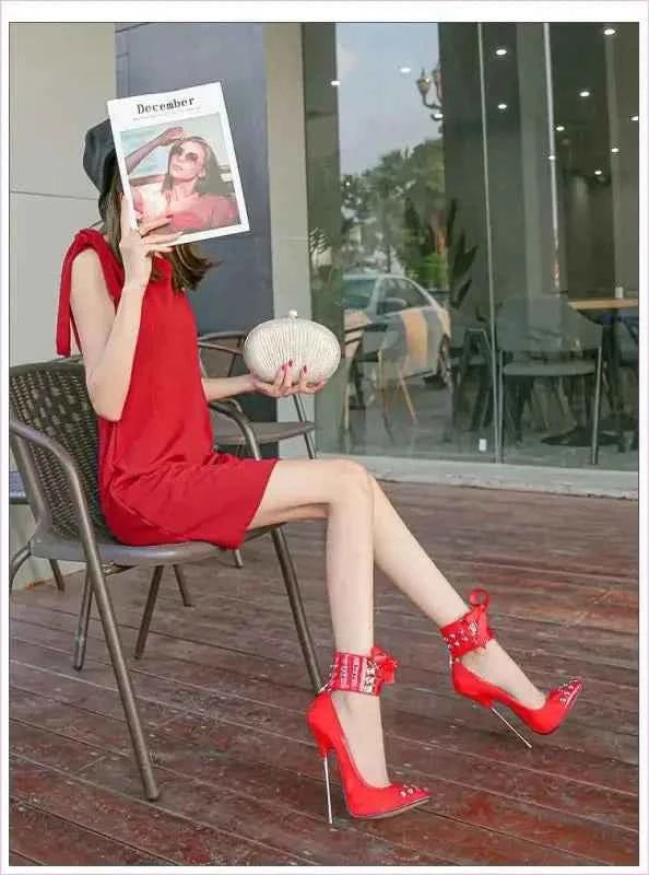 High Heel Studded Shoes with Ankle Cuffed Ribon Design - Pleasures and Sins