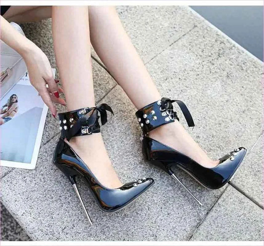 High Heel Studded Shoes with Ankle Cuffed Ribon Design - Pleasures and Sins
