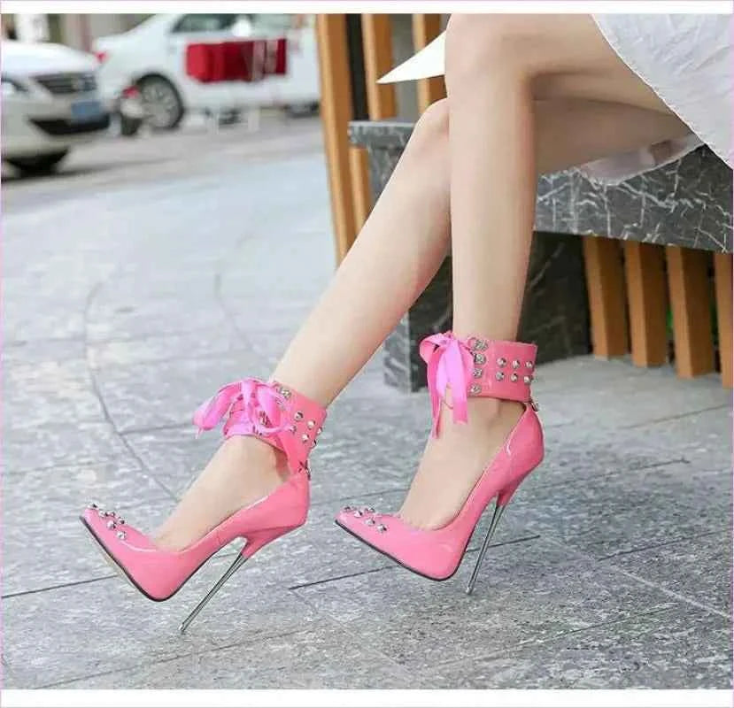 High Heel Studded Shoes with Ankle Cuffed Ribon Design - Pleasures and Sins