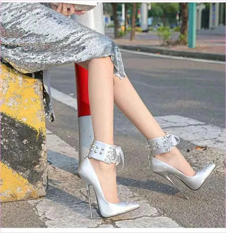 High Heel Studded Shoes with Ankle Cuffed Ribon Design - Pleasures and Sins